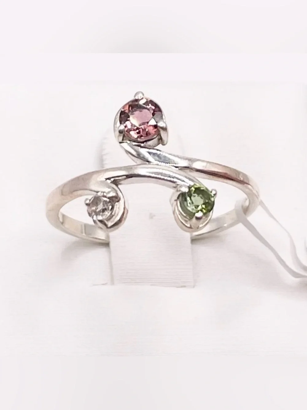 Size 7 Sterling Silver Ring with Pink, Green and White Tourmaline gemstones